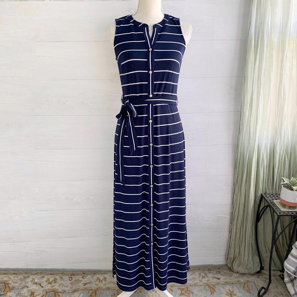 Talbots - Navy blue white striped sleeveless stretch button front dress sash SP